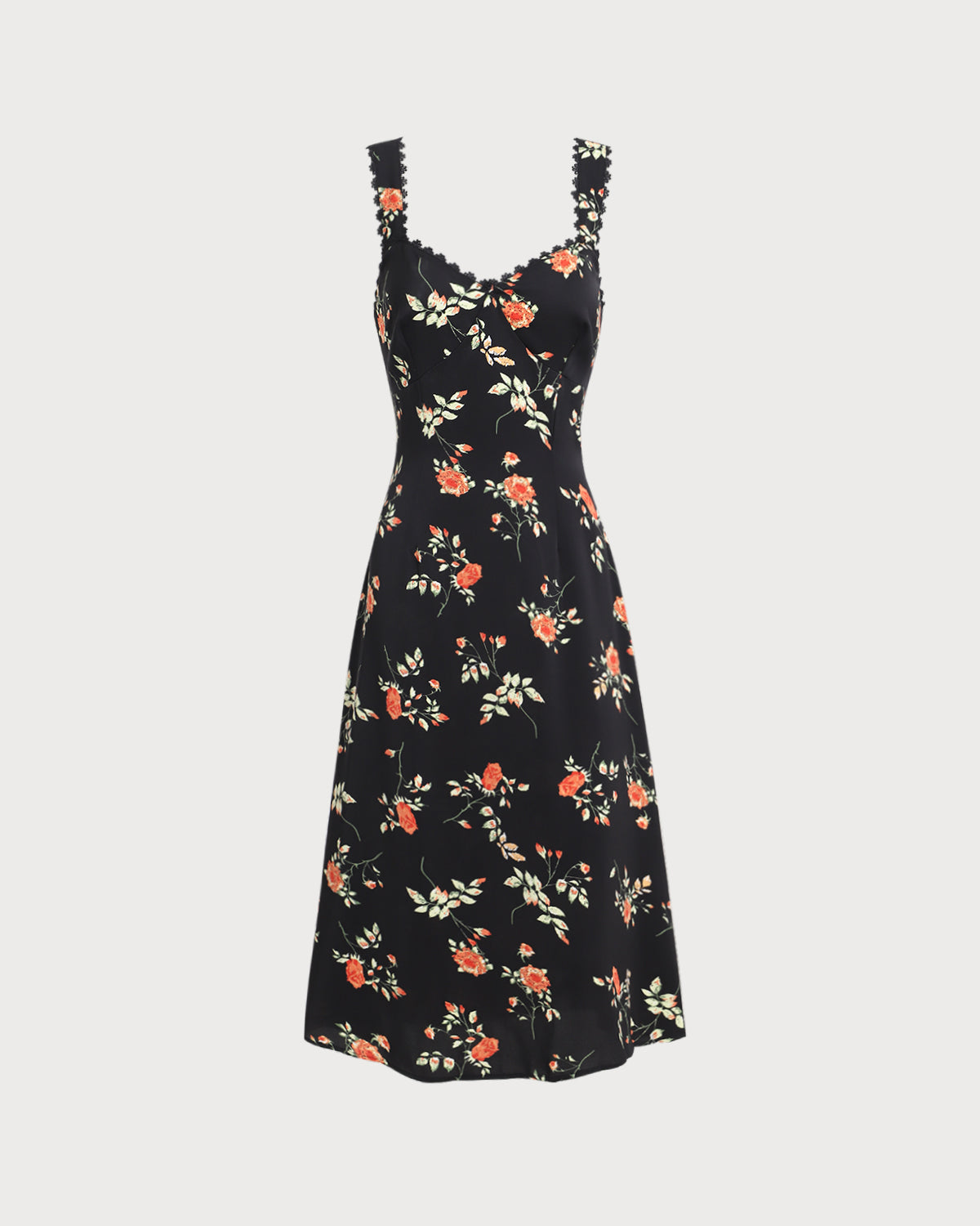 Sort maxi-kjole med blomster, flæser og spaghettistropper