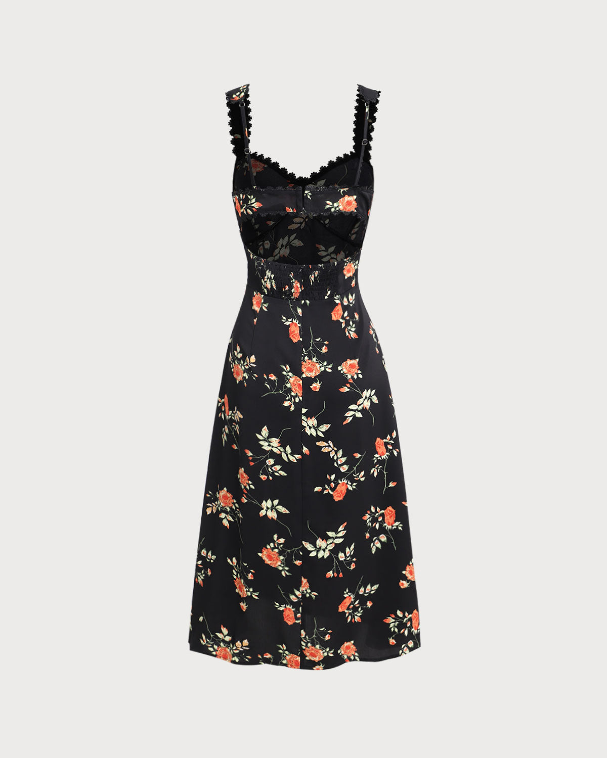 Sort maxi-kjole med blomster, flæser og spaghettistropper